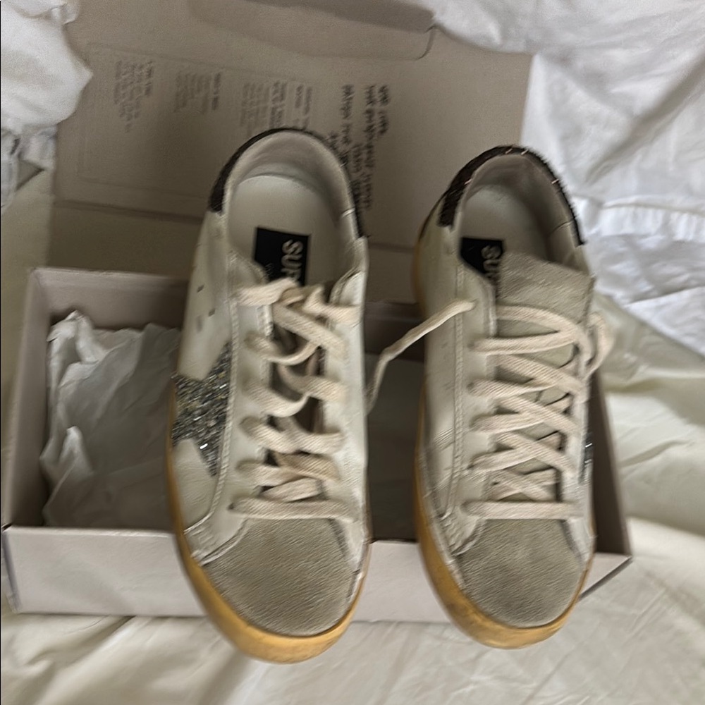 Golden Goose Cream and Gray Sneakers with Glitter Star
